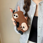 Protective Apple iPhone Back Cover - 3D Cute Standing Brown Dog Phone Holder Trending Shockproof Rubber Silicone iPhone Case - Style 6