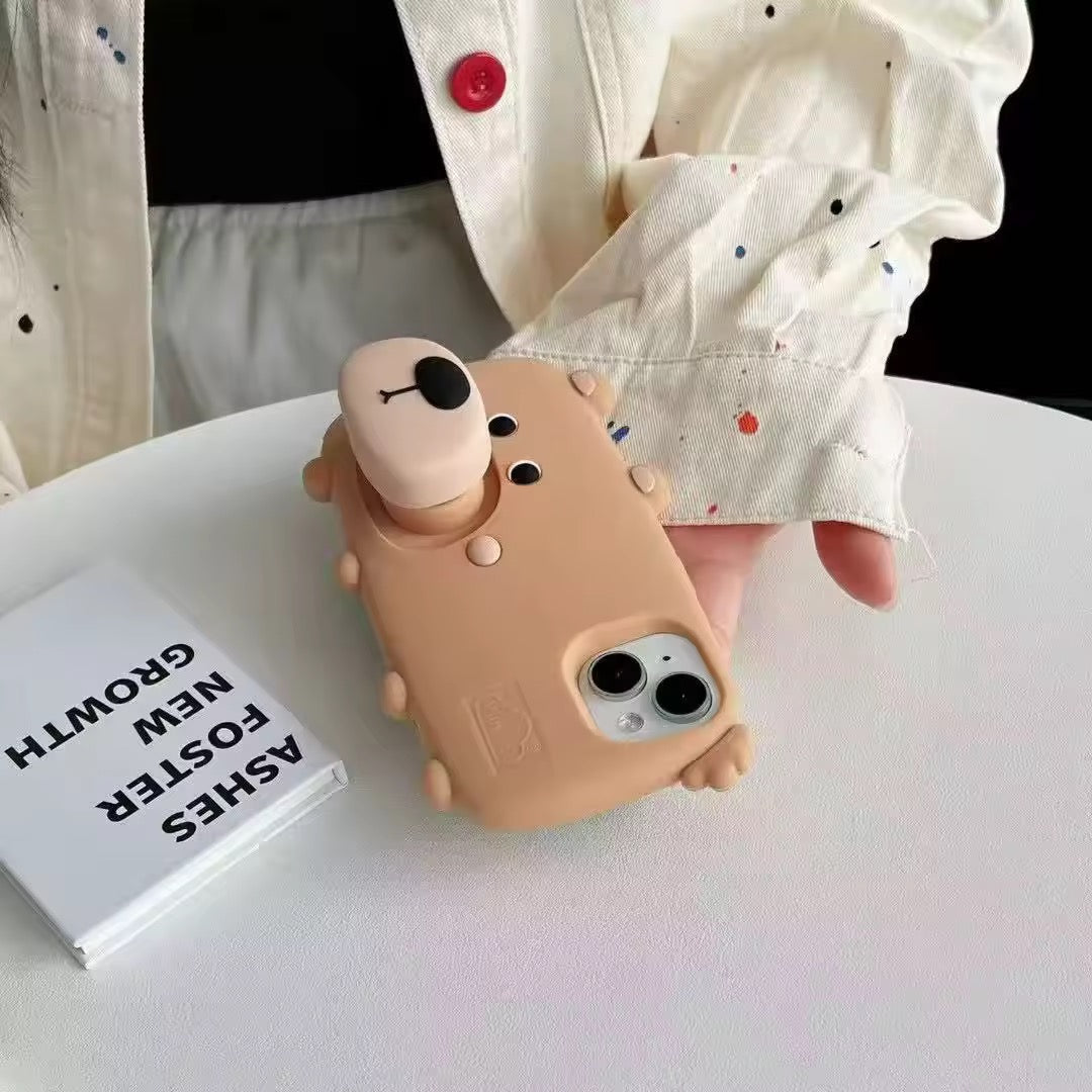 Protective Apple iPhone Back Cover - 3D Cute Standing Light Brown Dog Phone Holder Trending Shockproof Rubber Silicone iPhone Case - Style 4