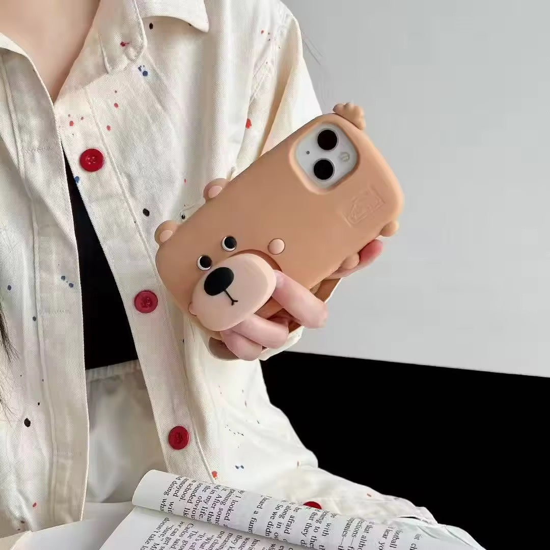 Protective Apple iPhone Back Cover - 3D Cute Standing Light Brown Dog Phone Holder Trending Shockproof Rubber Silicone iPhone Case - Style 5