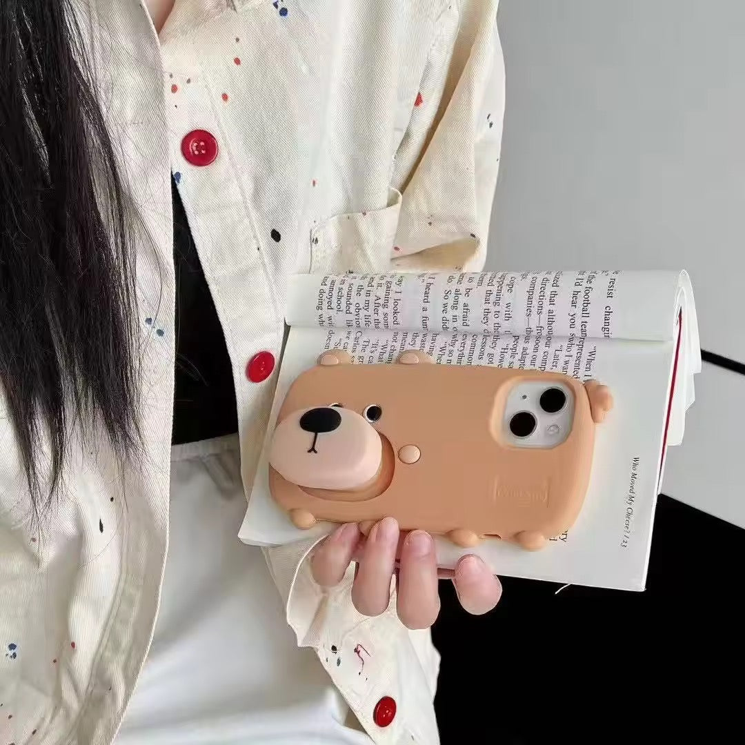 Protective Apple iPhone Back Cover - 3D Cute Standing Light Brown Dog Phone Holder Trending Shockproof Rubber Silicone iPhone Case - Style 2