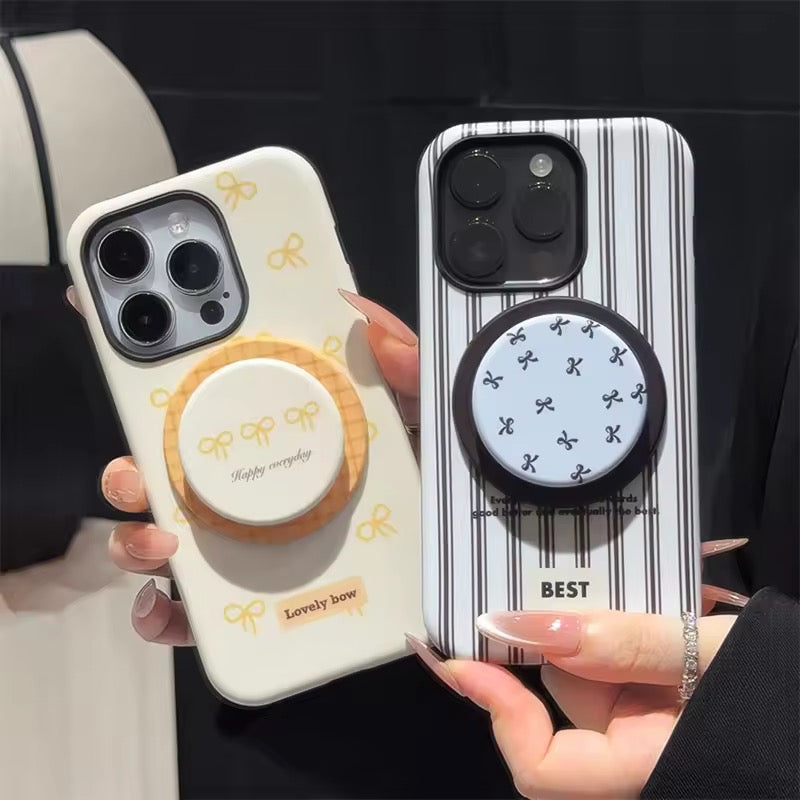 Protective Apple iPhone Back Cover - Stripe Bow Glossy Plaid Magsafe Magnetic Phone Holder iPhone Pre-Order Case