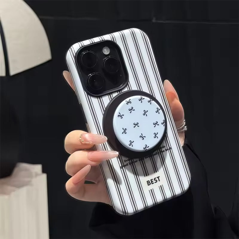 Protective Apple iPhone Back Cover - Stripe Bow Glossy Plaid Magsafe Magnetic Phone Holder iPhone Pre-Order Case - Style 2