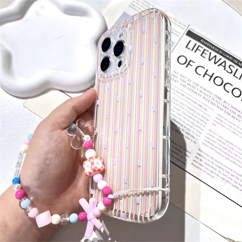Korean Stripes Transparent iPhone Soft Case With Lanyard Bracelet