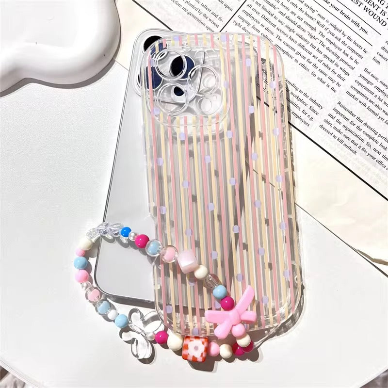 Korean Stripes Transparent iPhone Soft Case With Lanyard Bracelet