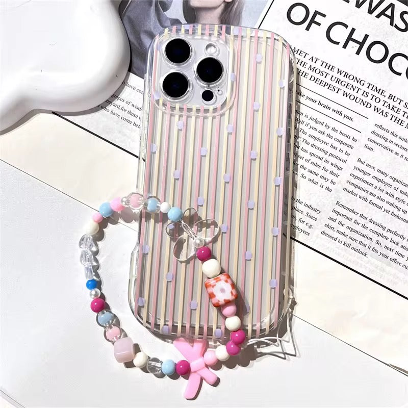 Protective Apple iPhone Back Cover - Korean Stripes Transparent iPhone Soft Case With Lanyard Bracelet - Style 2