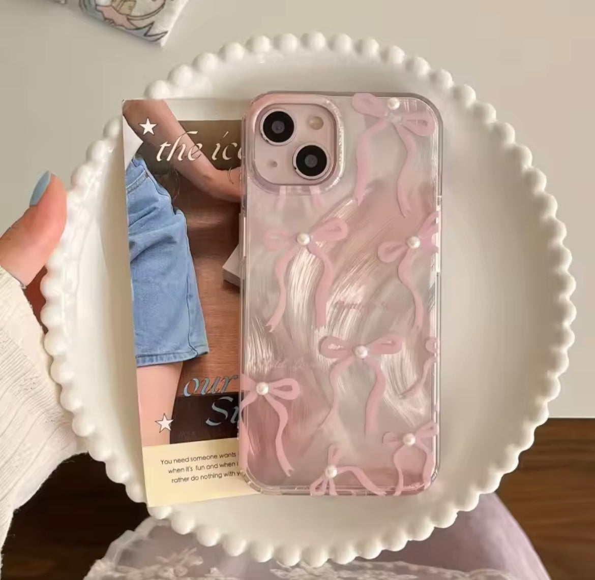 Protective Apple iPhone Back Cover - Cute Pink Bow Pearl Silver Laser Knot iPhone Case