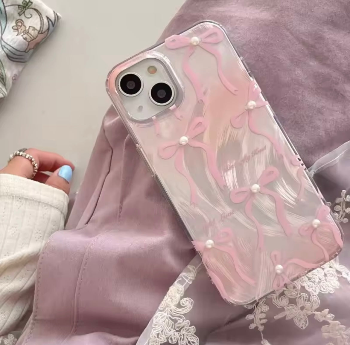 Protective Apple iPhone Back Cover - Cute Pink Bow Pearl Silver Laser Knot iPhone Case - Style 2