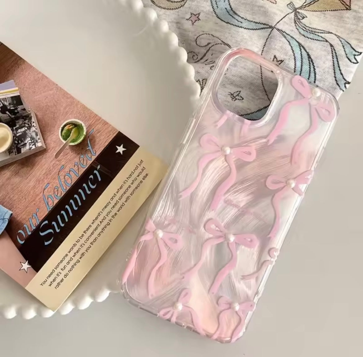 Protective Apple iPhone Back Cover - Cute Pink Bow Pearl Silver Laser Knot iPhone Case - Style 4