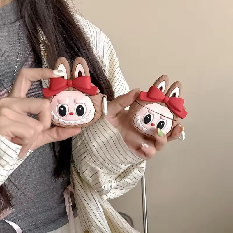 3D Red Bow Cute Labubu Airpod Case With Ring