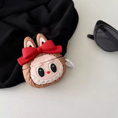 3D Red Bow Cute Labubu Airpod Case With Ring