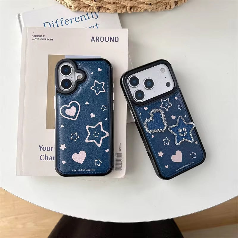 Protective Apple iPhone Back Cover - Blue Leather 3D Star Pre-Order iPhone Silicone Case