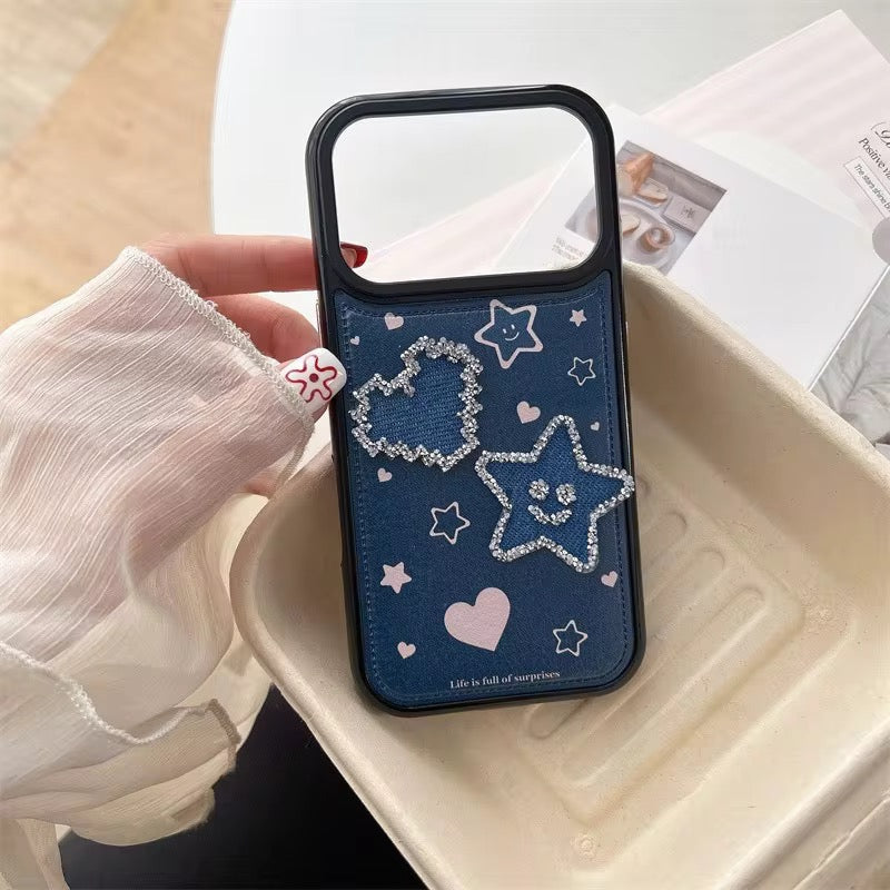 Protective Apple iPhone Back Cover - Blue Leather 3D Star Pre-Order iPhone Silicone Case - Style 4