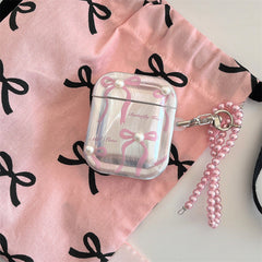 Cute Pink Bow Pearl Silver Laser Knot Airpod Case