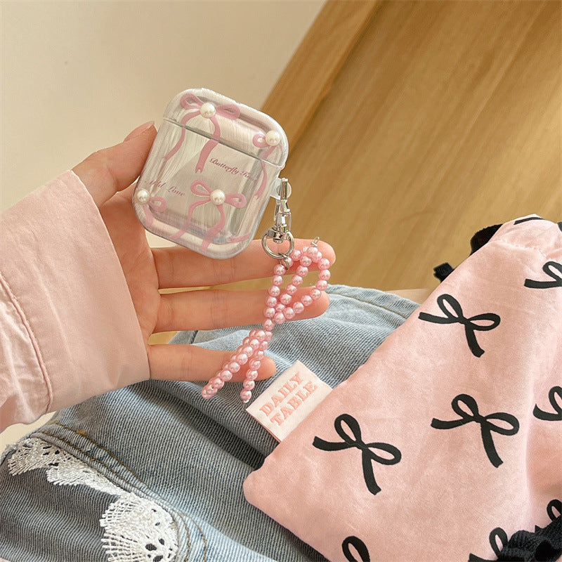 Cute Pink Bow Pearl Silver Laser Knot Airpod Case