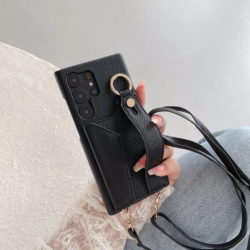 Premium Samsung Pre-Order Crossbody Luxury Leather Initial Wallet Lanyard Bracelet Case Mobile Case by CoverMeUp - Style 3