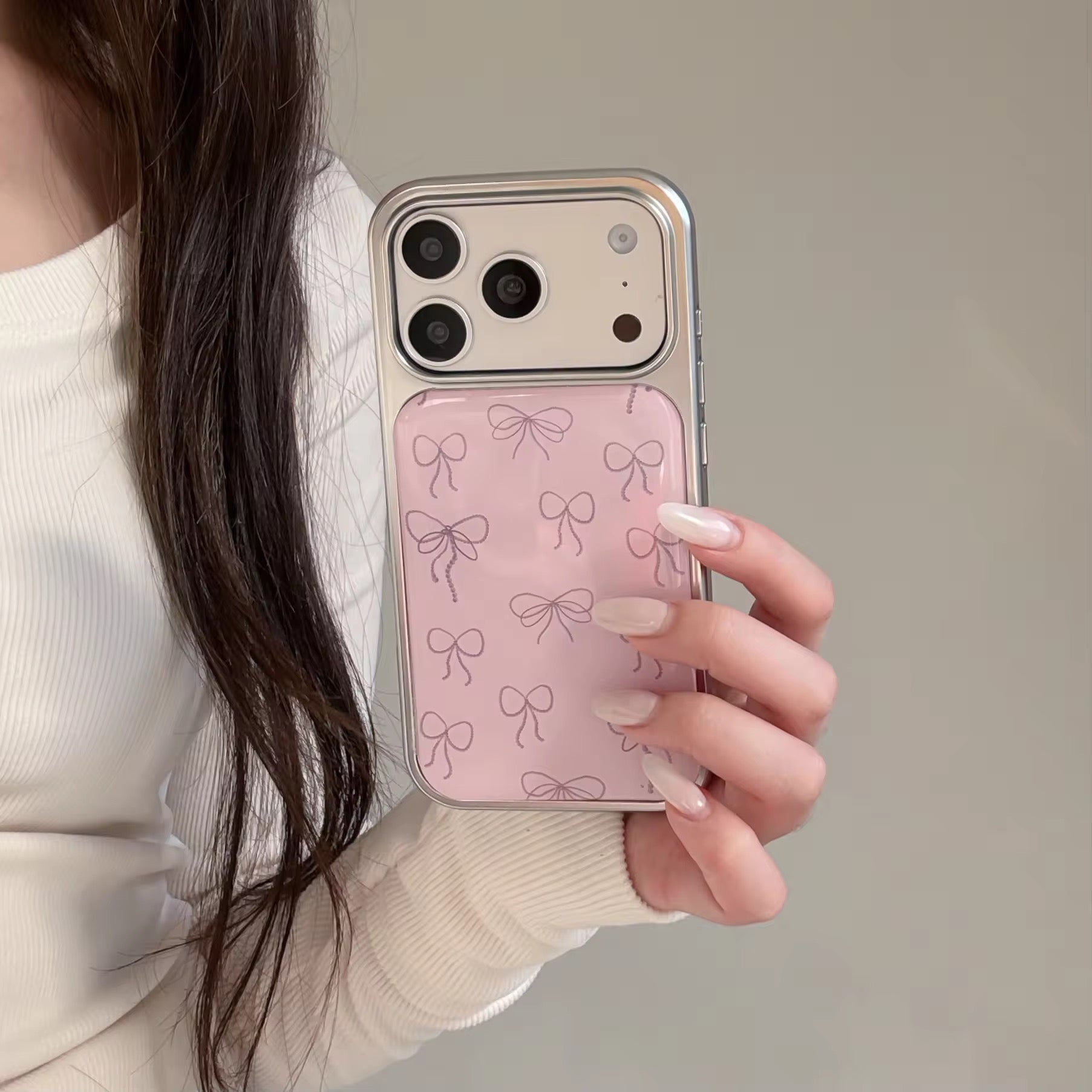 Protective Apple iPhone Back Cover - Cute Pink Bow High Quality Silver Bumper Pre-Order iPhone Case - Style 2
