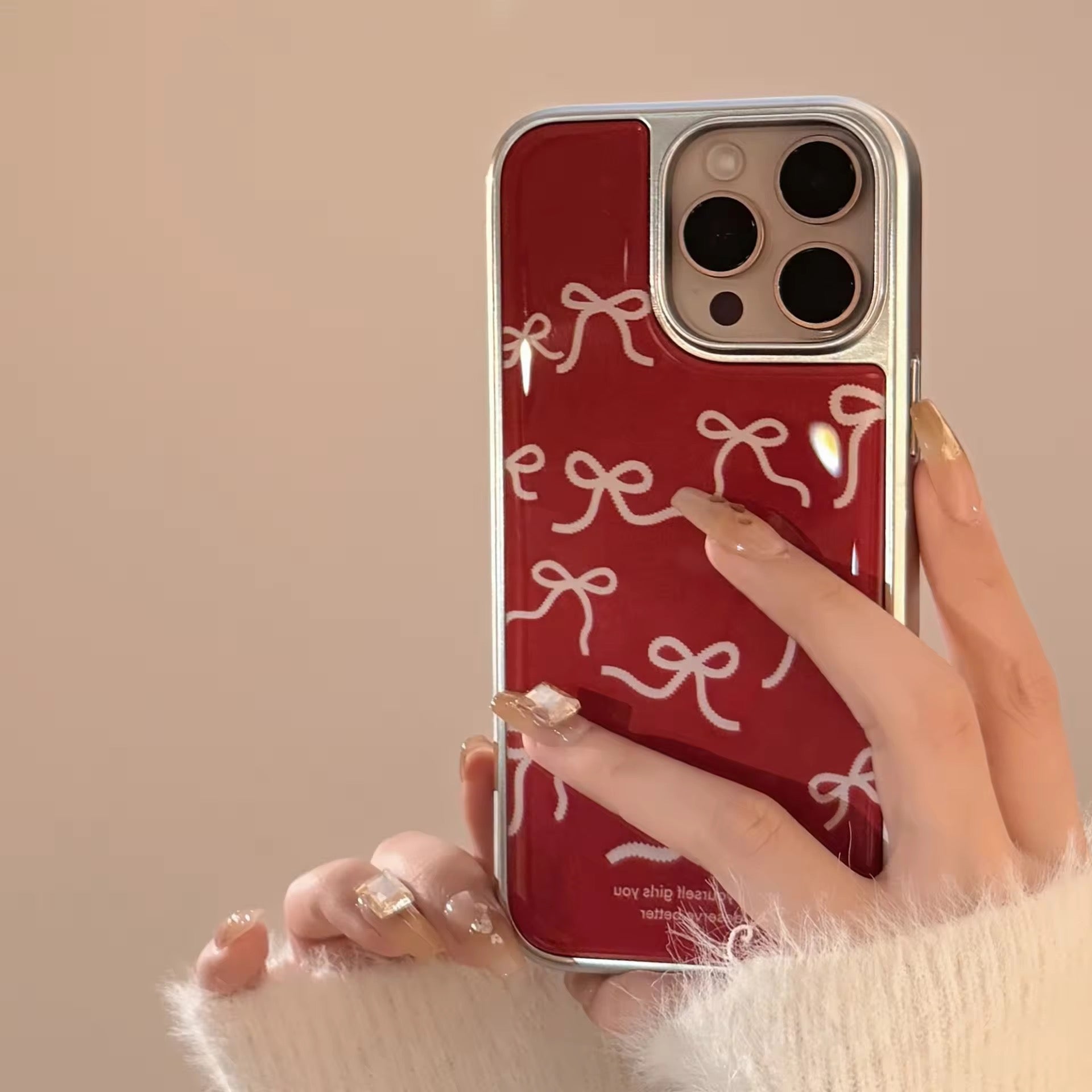 Protective Apple iPhone Back Cover - Red Cute Bow High Quality Silver Bumper Pre-Order iPhone Case - Style 2