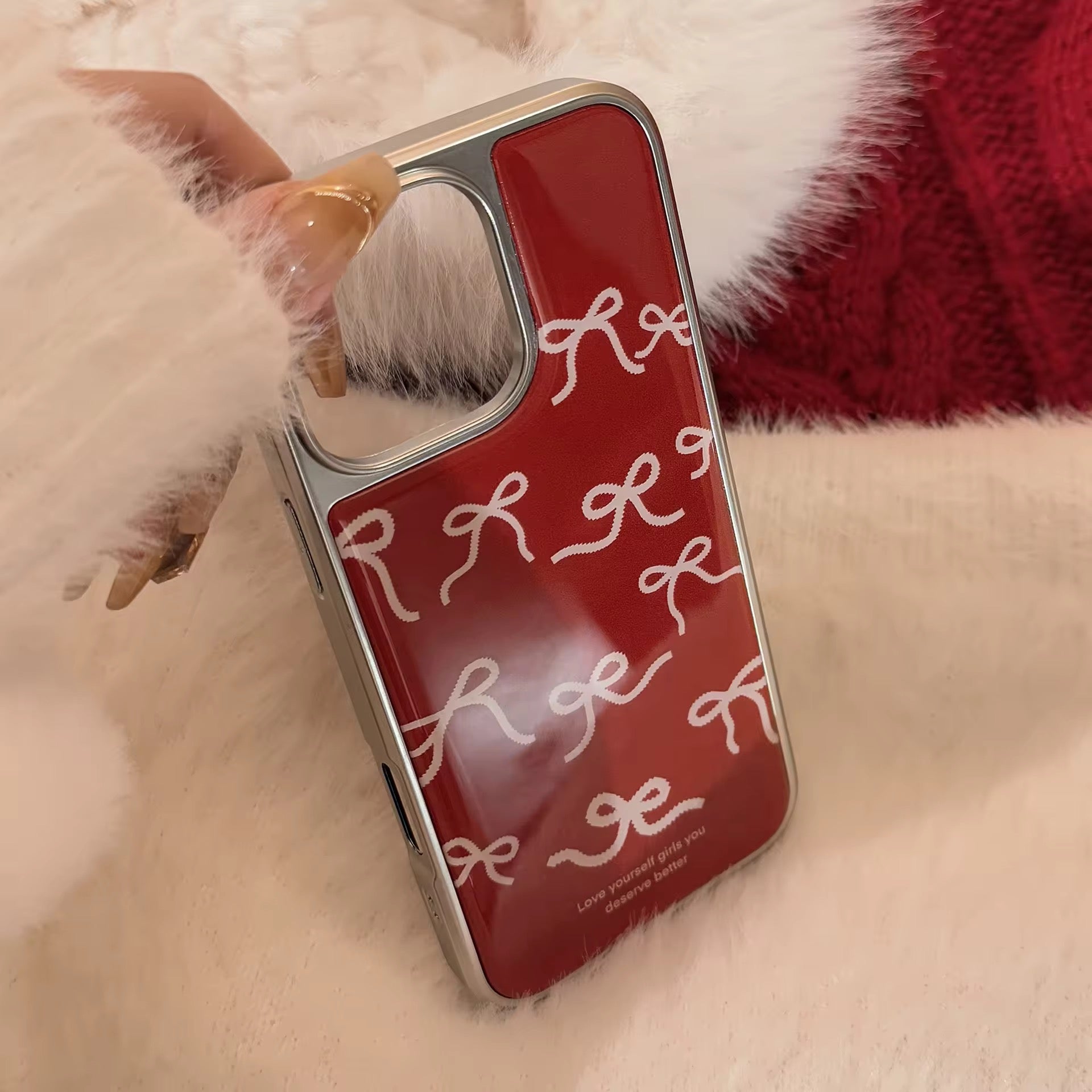 Protective Apple iPhone Back Cover - Red Cute Bow High Quality Silver Bumper Pre-Order iPhone Case - Style 4