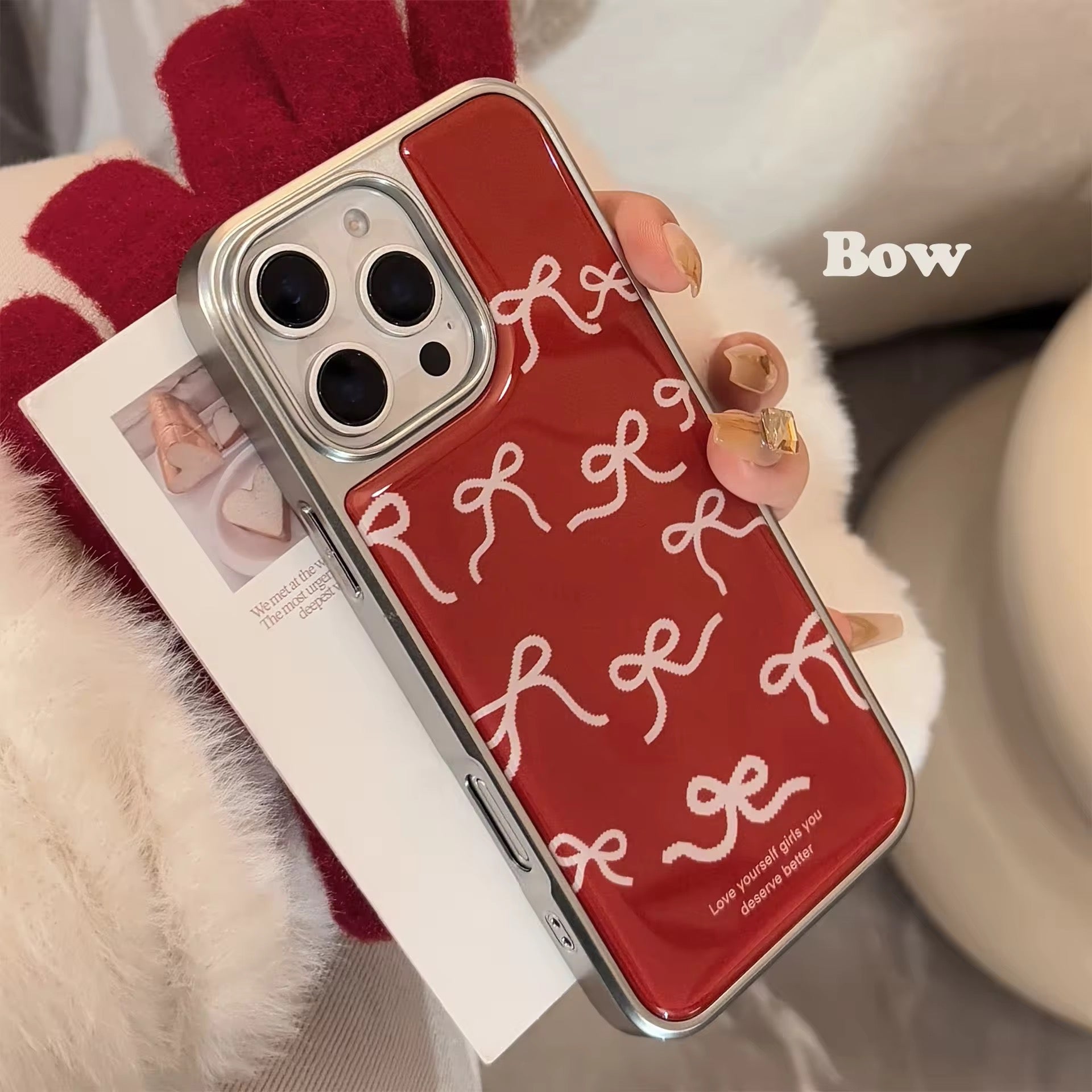 Protective Apple iPhone Back Cover - Red Cute Bow High Quality Silver Bumper Pre-Order iPhone Case - Style 3