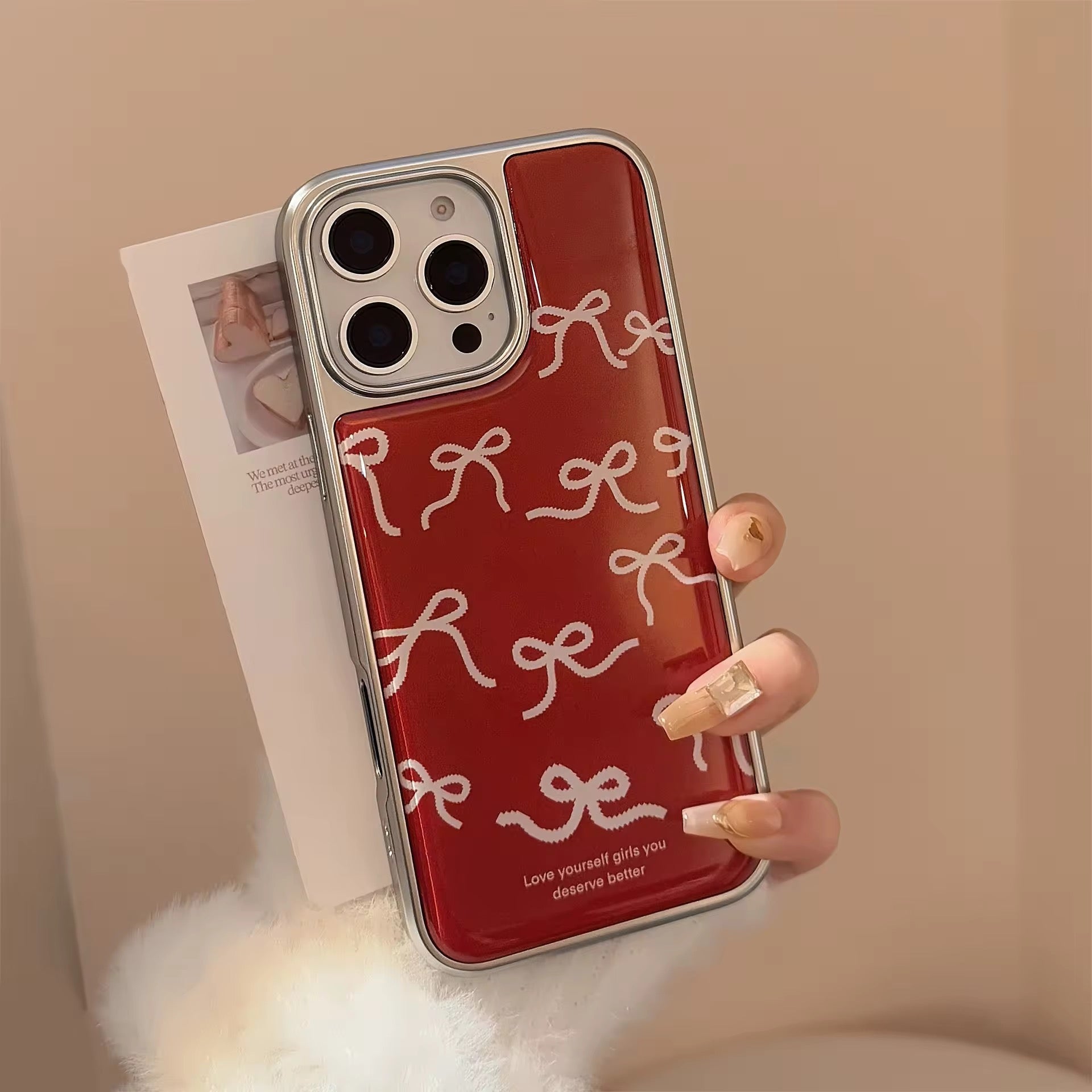 Protective Apple iPhone Back Cover - Red Cute Bow High Quality Silver Bumper Pre-Order iPhone Case