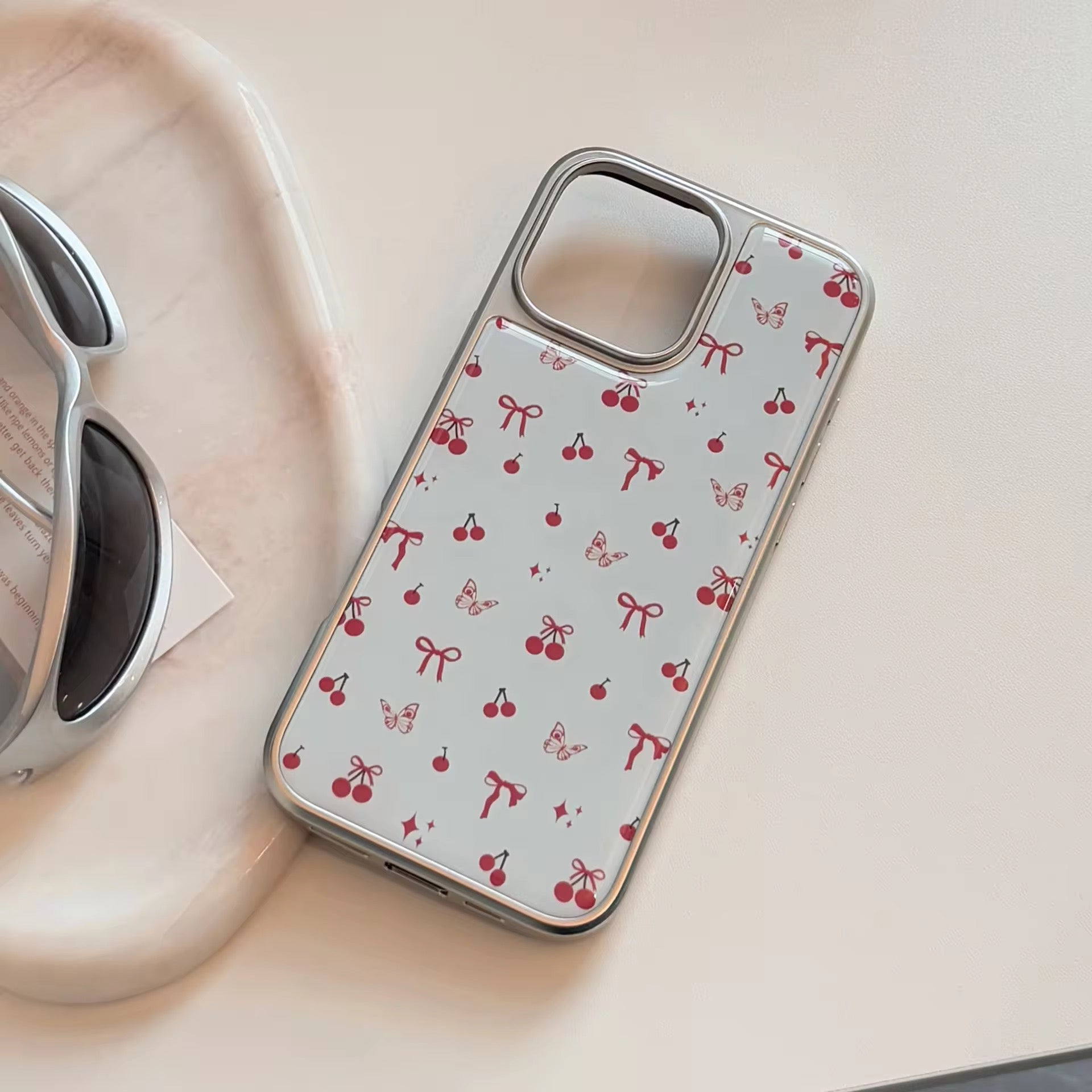 Protective Apple iPhone Back Cover - Red Cherry Bow White Silver Bumper Pre-Order iPhone Case - Style 3