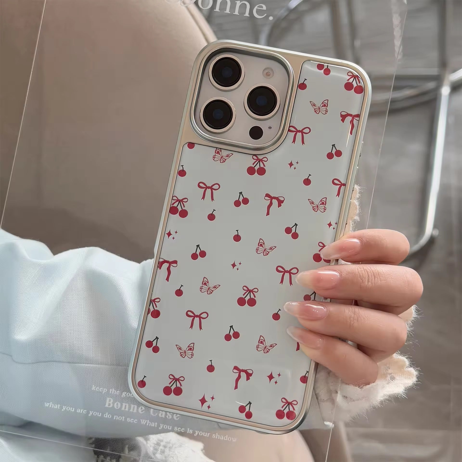 Protective Apple iPhone Back Cover - Red Cherry Bow White Silver Bumper Pre-Order iPhone Case