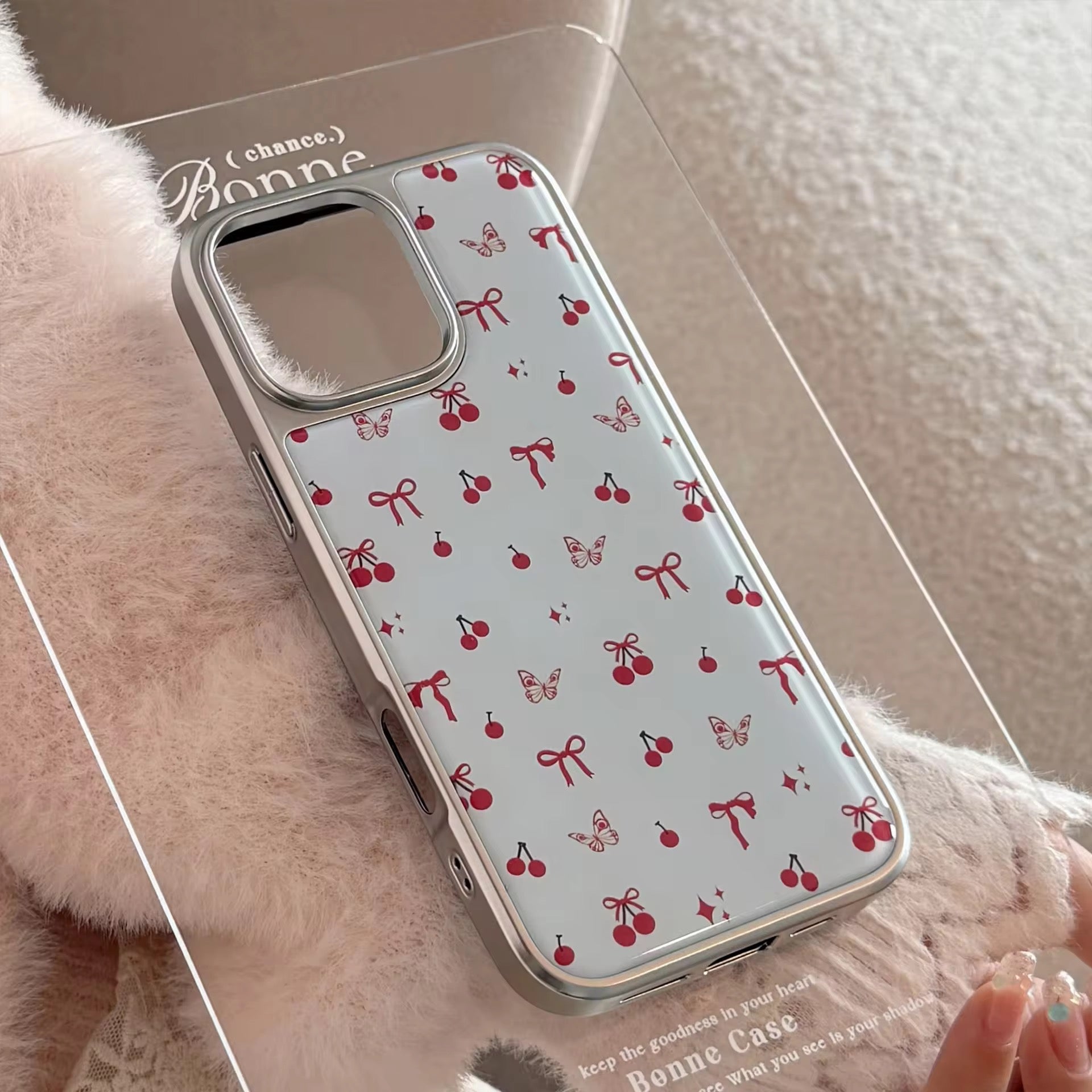 Protective Apple iPhone Back Cover - Red Cherry Bow White Silver Bumper Pre-Order iPhone Case - Style 5