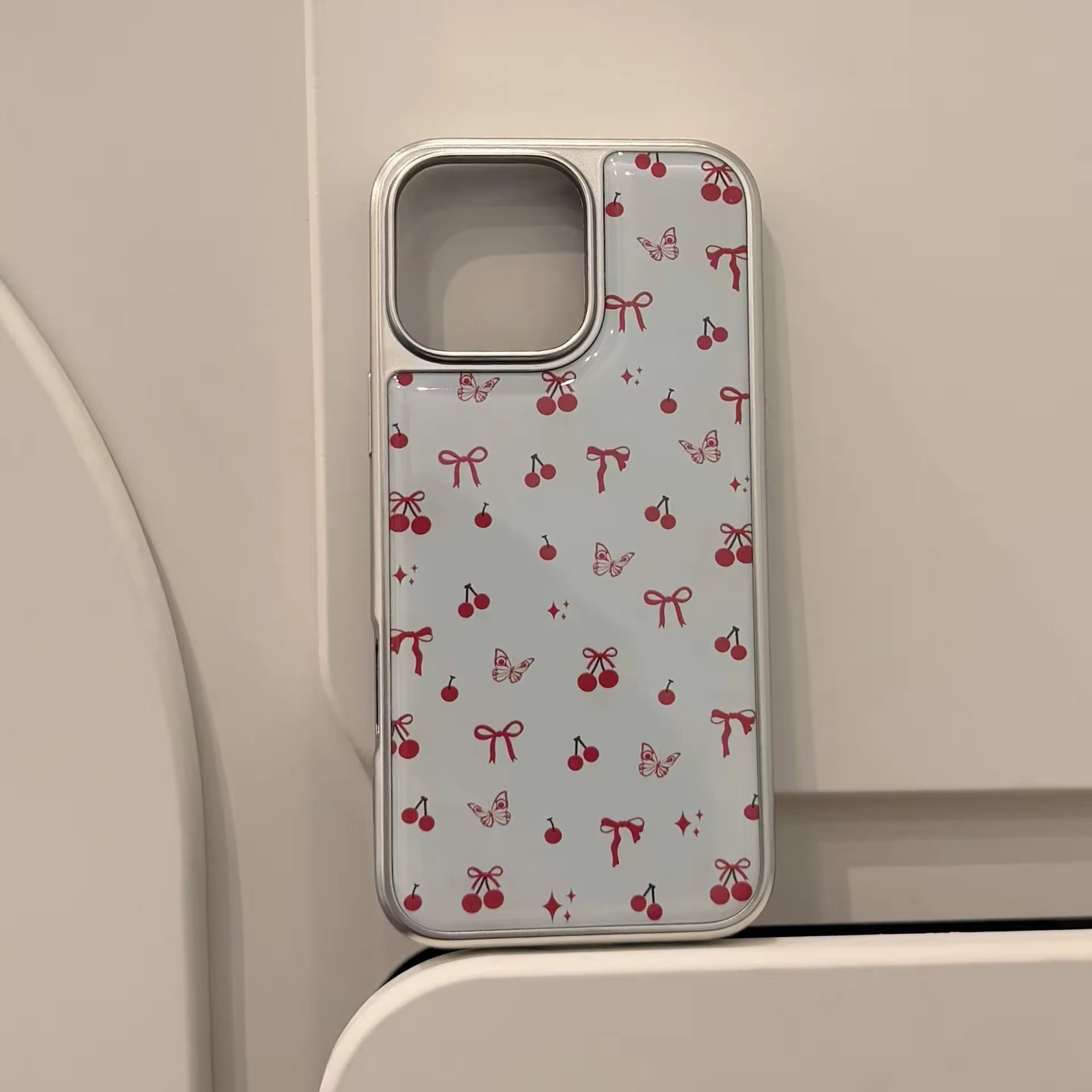 Protective Apple iPhone Back Cover - Red Cherry Bow White Silver Bumper Pre-Order iPhone Case - Style 2