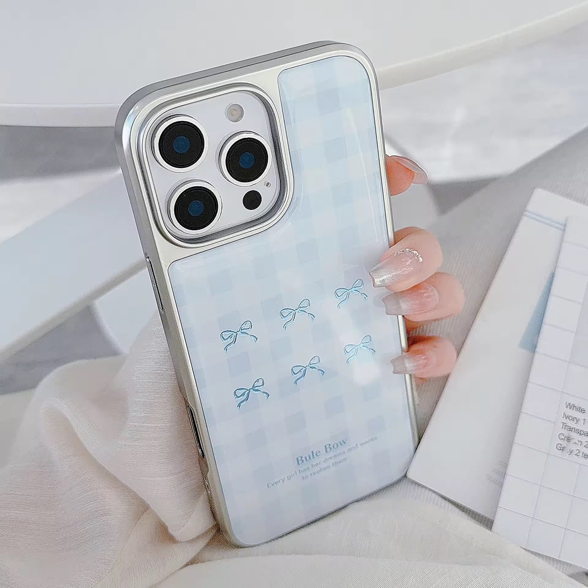 Protective Apple iPhone Back Cover - Blue Cute Bow High Quality Silver Bumper Pre-Order iPhone Case - Style 5