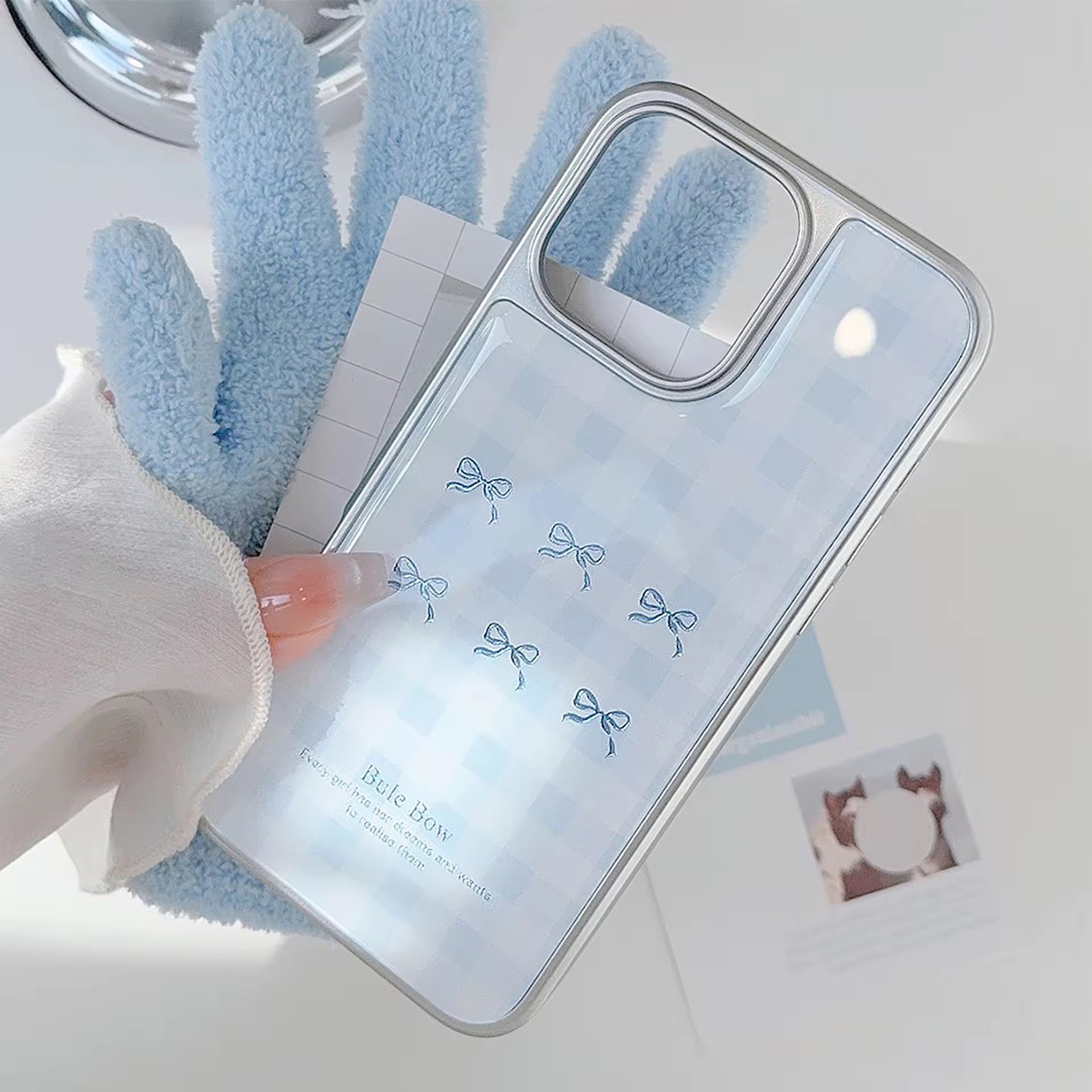 Protective Apple iPhone Back Cover - Blue Cute Bow High Quality Silver Bumper Pre-Order iPhone Case