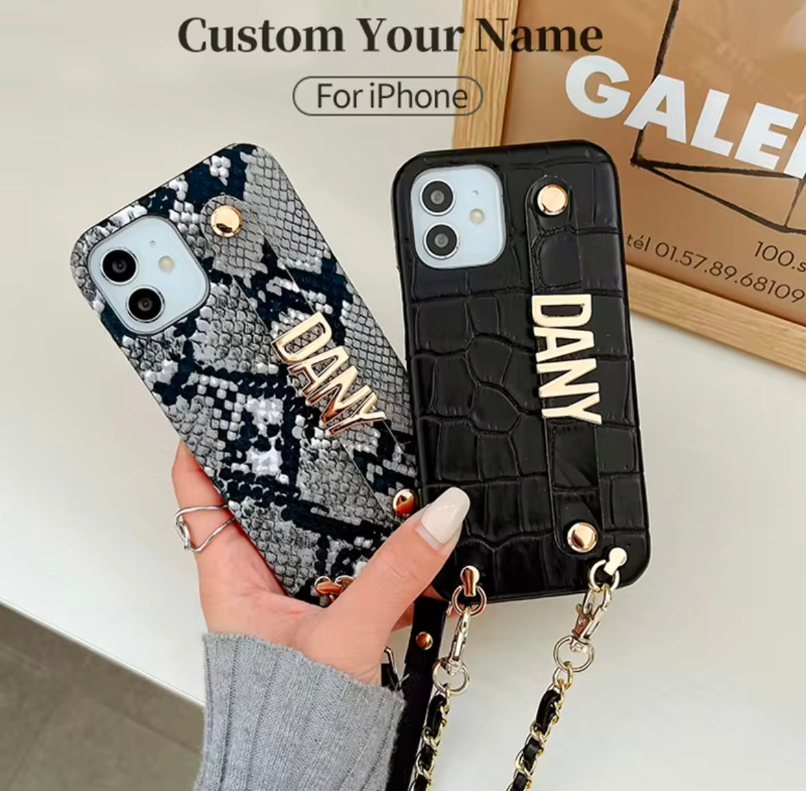 Protective Apple iPhone Back Cover - Black Gray Leopard Texture Leather Custom Bracelet iPhone Case - Style 2