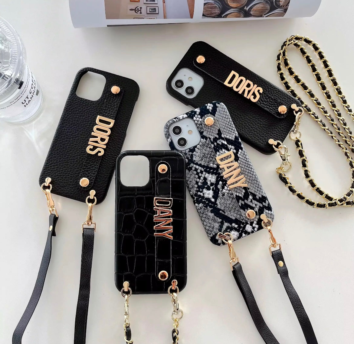 Protective Apple iPhone Back Cover - Black Gray Leopard Texture Leather Custom Bracelet iPhone Case
