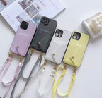 Protective Apple iPhone Back Cover - Black Shimmer Crossbody Wallet Two Bracelet Lanyard iPhone Case