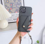 Protective Apple iPhone Back Cover - Black Shimmer Crossbody Wallet Two Bracelet Lanyard iPhone Case - Style 3