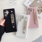 Samsung Black Leather Pebble Texture Custom Strap Bracelet Case For S24 Ultra Mobile Case by CoverMeUp