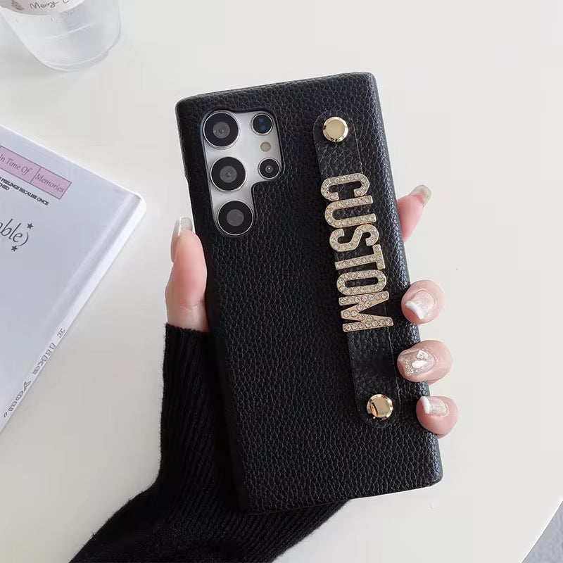 Samsung Black Leather Pebble Texture Custom Strap Bracelet Case For S24 Ultra Mobile Case by CoverMeUp - Style 2