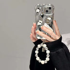 Protective Apple iPhone Back Cover - Silver Electroplating Glossy Textured Beads Bracelet Round Lanyard iPhone Case