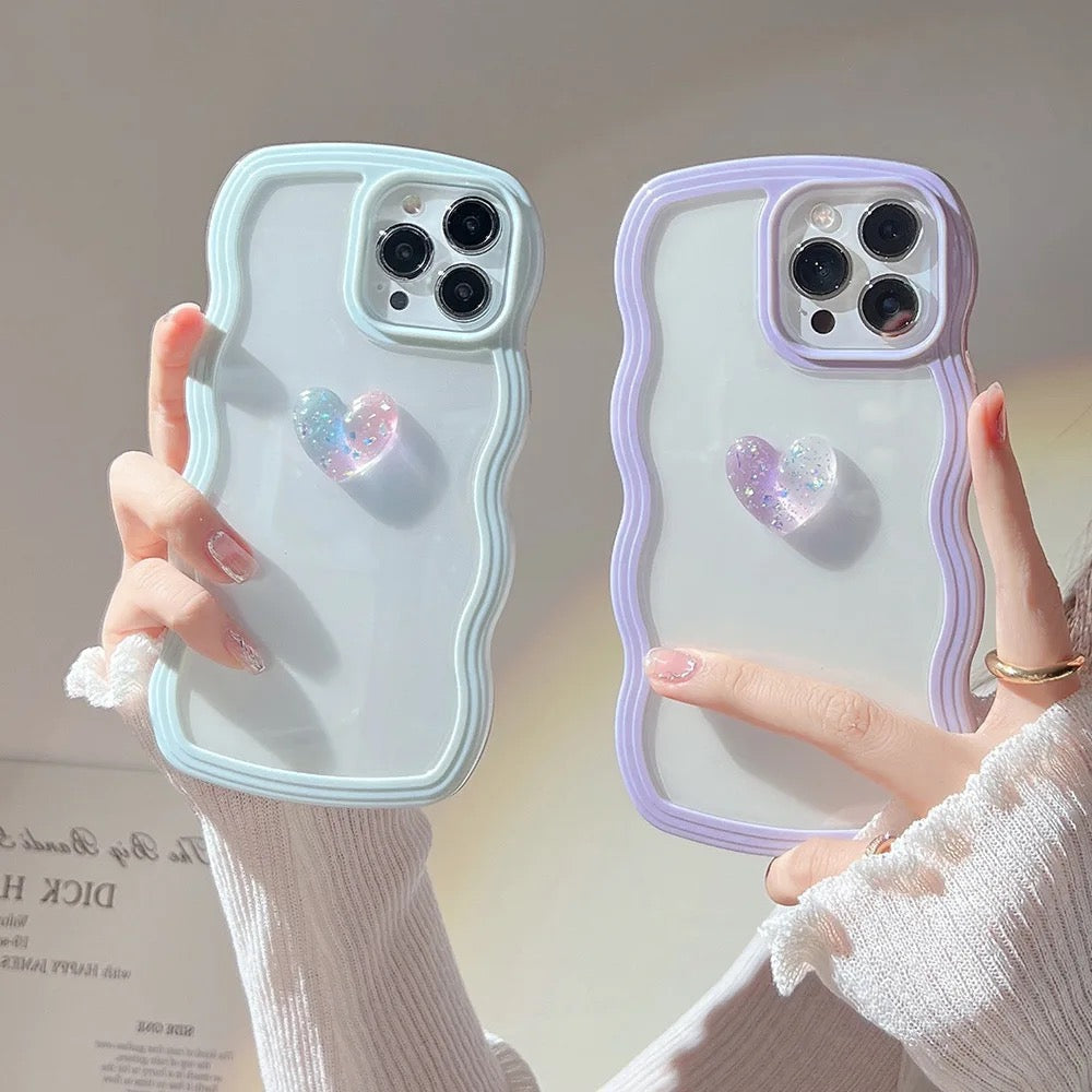 Protective Apple iPhone Back Cover - Wavy Edge Heart Glitter Bumper Border Transparent Clear iPhone Case - Style 7
