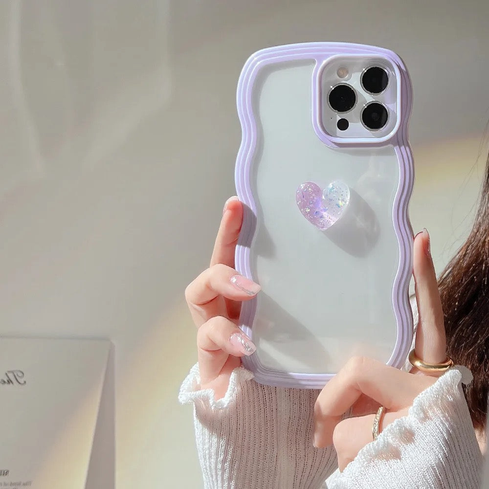 Protective Apple iPhone Back Cover - Wavy Edge Heart Glitter Bumper Border Transparent Clear iPhone Case - Style 2