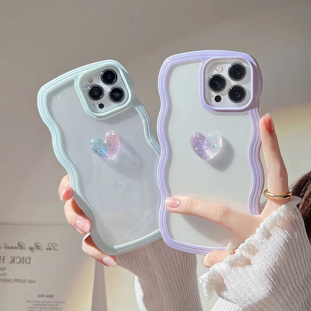 Protective Apple iPhone Back Cover - Wavy Edge Heart Glitter Bumper Border Transparent Clear iPhone Case - Style 6