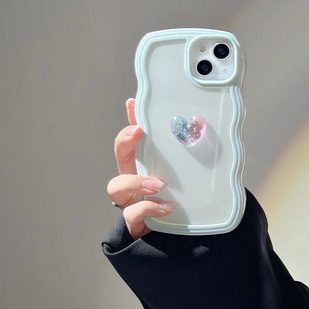 Protective Apple iPhone Back Cover - Wavy Edge Heart Glitter Bumper Border Transparent Clear iPhone Case - Style 4