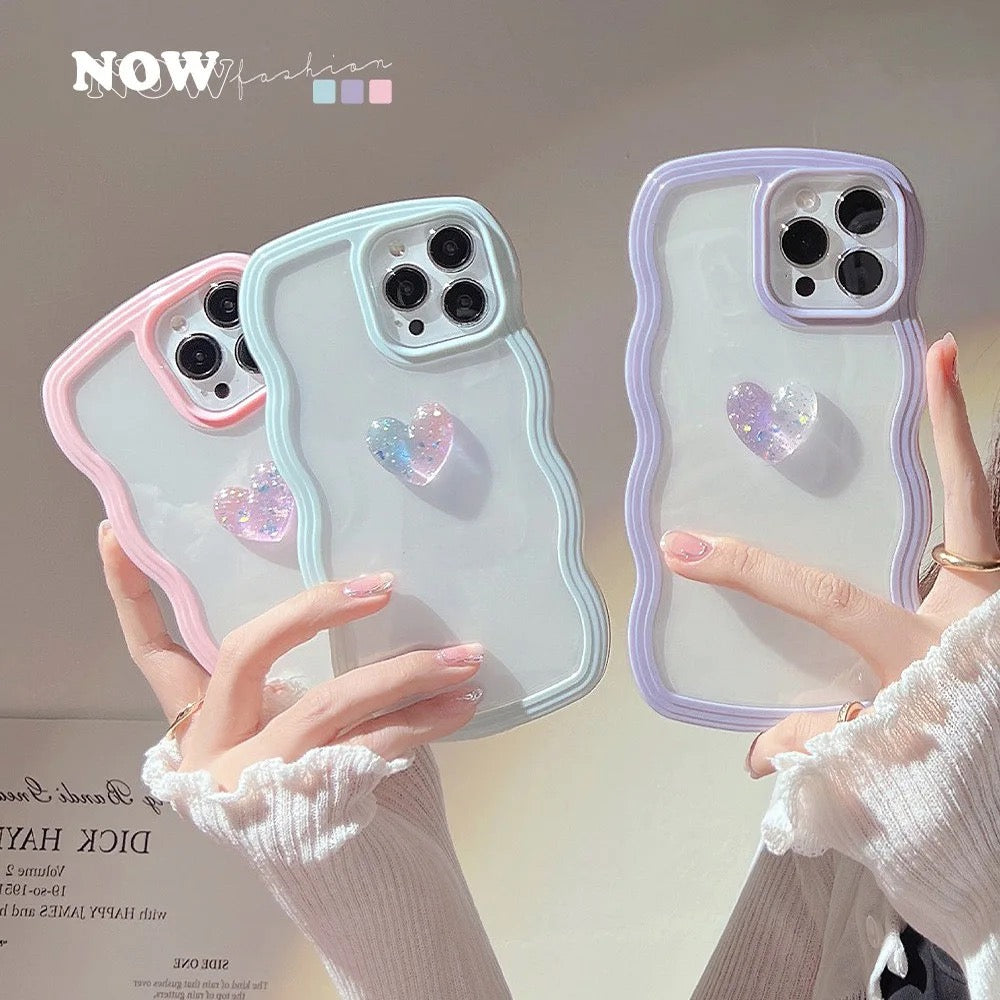 Protective Apple iPhone Back Cover - Wavy Edge Heart Glitter Bumper Border Transparent Clear iPhone Case