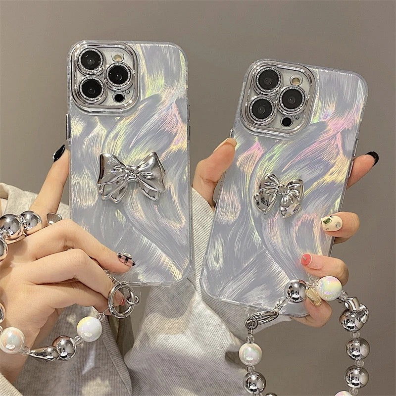 Protective Apple iPhone Back Cover - Luxury Silver Butterfly Glitter Camera Protection Lanyard Studded Bumper Border iPhone Case
