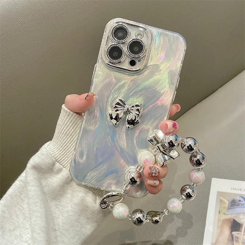 Protective Apple iPhone Back Cover - Luxury Silver Butterfly Glitter Camera Protection Lanyard Studded Bumper Border iPhone Case - Style 2