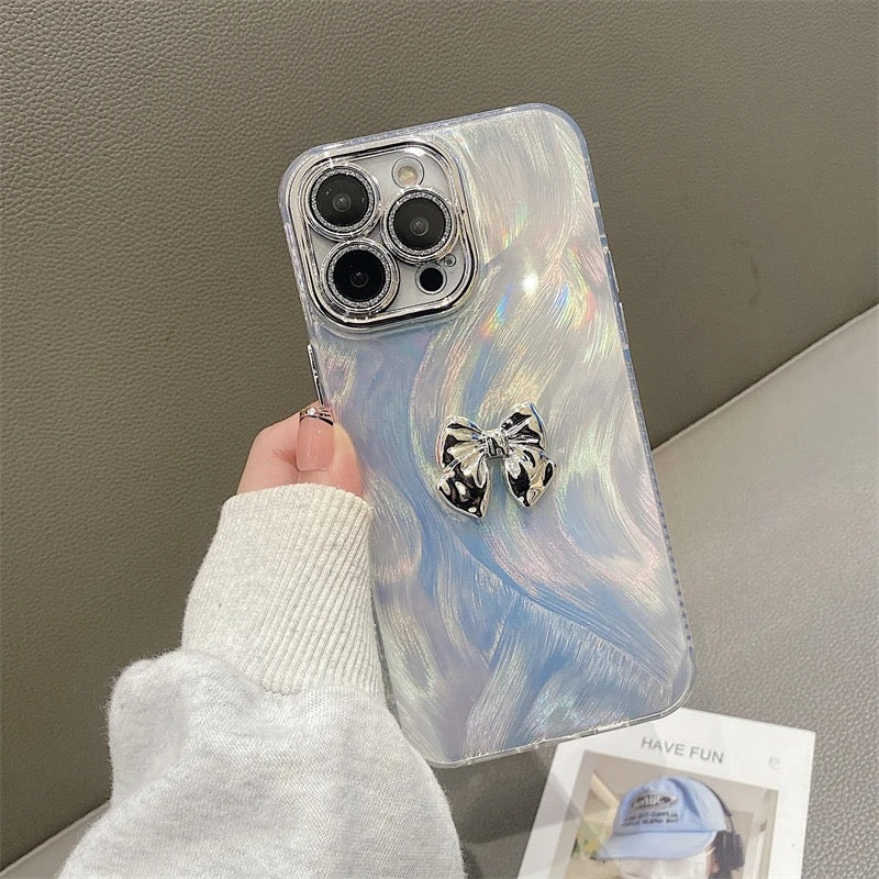 Protective Apple iPhone Back Cover - Luxury Silver Butterfly Glitter Camera Protection Lanyard Studded Bumper Border iPhone Case - Style 4