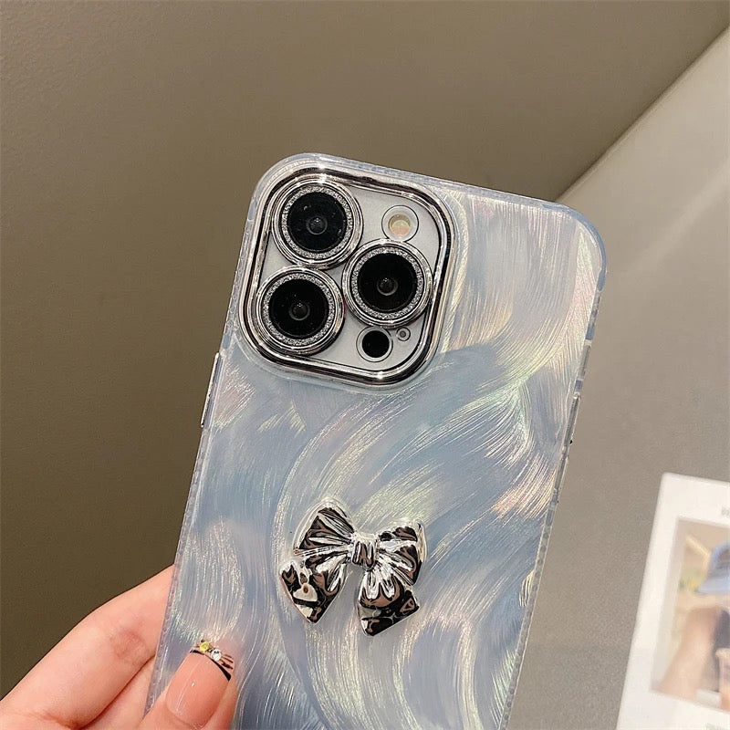Protective Apple iPhone Back Cover - Luxury Silver Butterfly Glitter Camera Protection Lanyard Studded Bumper Border iPhone Case - Style 3