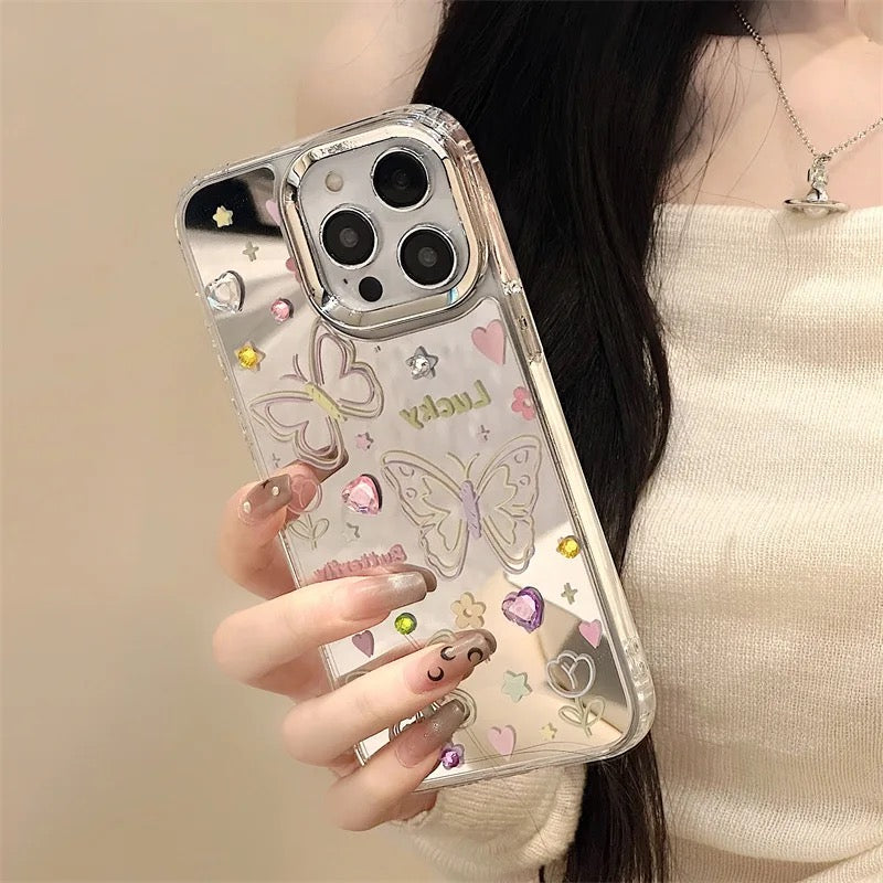 Protective Apple iPhone Back Cover - 3D Colorful Studded Butterfly Mirror Lanyard Bracelet iPhone Case - Style 2