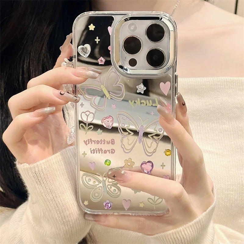 Protective Apple iPhone Back Cover - 3D Colorful Studded Butterfly Mirror Lanyard Bracelet iPhone Case - Style 7