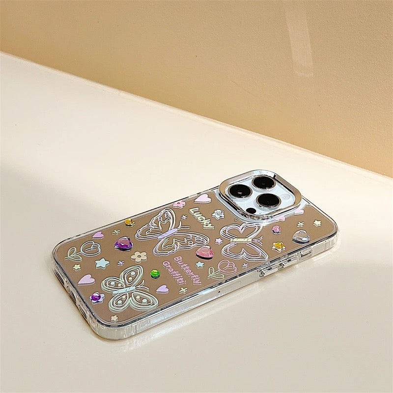 Protective Apple iPhone Back Cover - 3D Colorful Studded Butterfly Mirror Lanyard Bracelet iPhone Case - Style 5