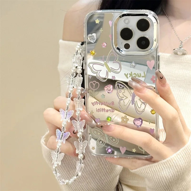 Protective Apple iPhone Back Cover - 3D Colorful Studded Butterfly Mirror Lanyard Bracelet iPhone Case